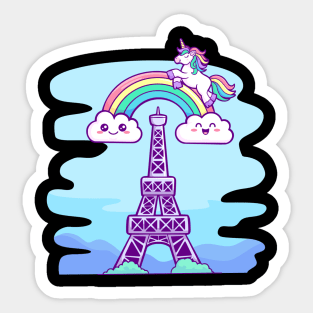 Magical Monochrome: Kawaii Unicorn and Rainbow Eiffel Tower Sticker